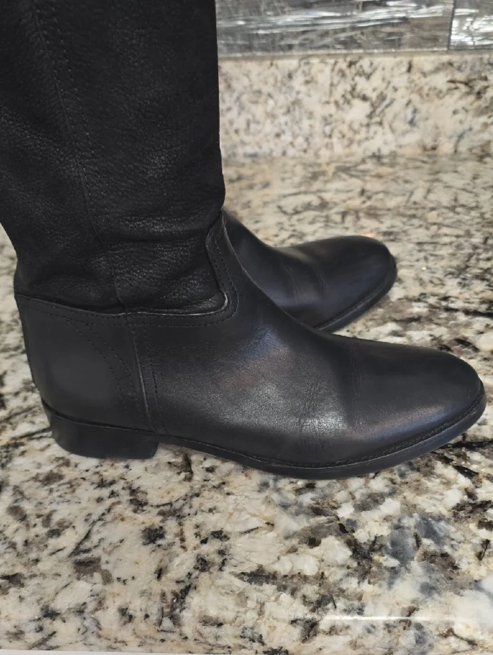 Tory Burch Black Leather Knee-High Riding Boots with Embossed Logo